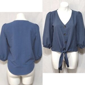 Olivia & Martin V-neck Bishop Sleeves Front Knot Button Up Cropped Top Small